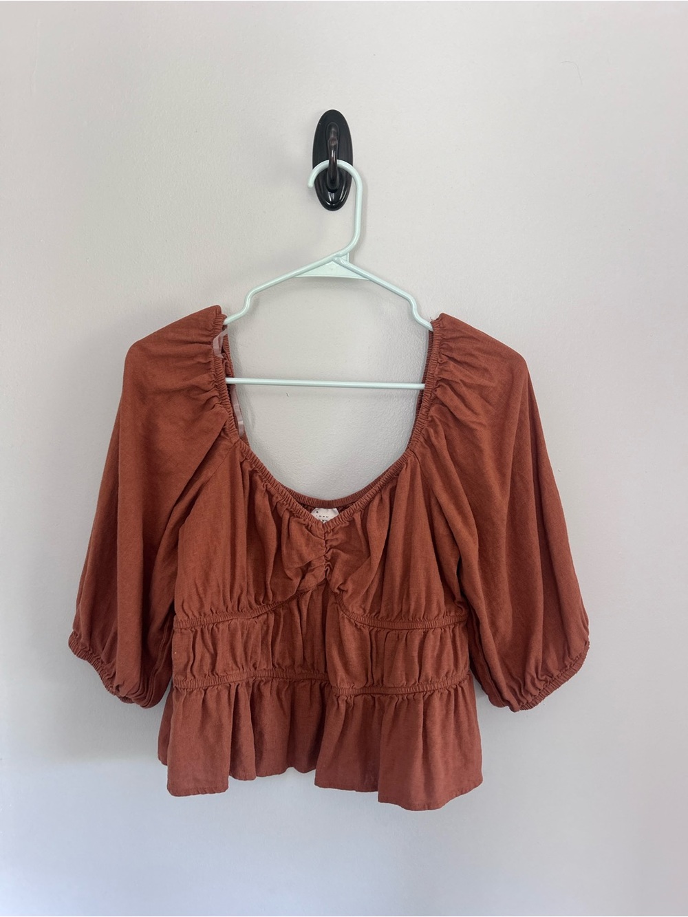 A New Day Rust Peplum Blouse, Puff Sleeve, Square Neck, Size L